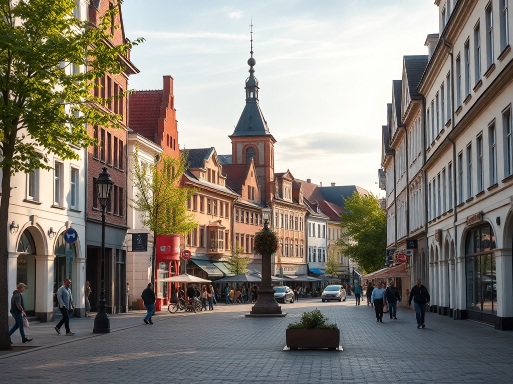 Ilustracja przedstawiająca ulicę w Zambrowie z nowym chodnikiem i zatoką parkingową, obok piłkarze Olimpii Zambrów świętujący bramkę.